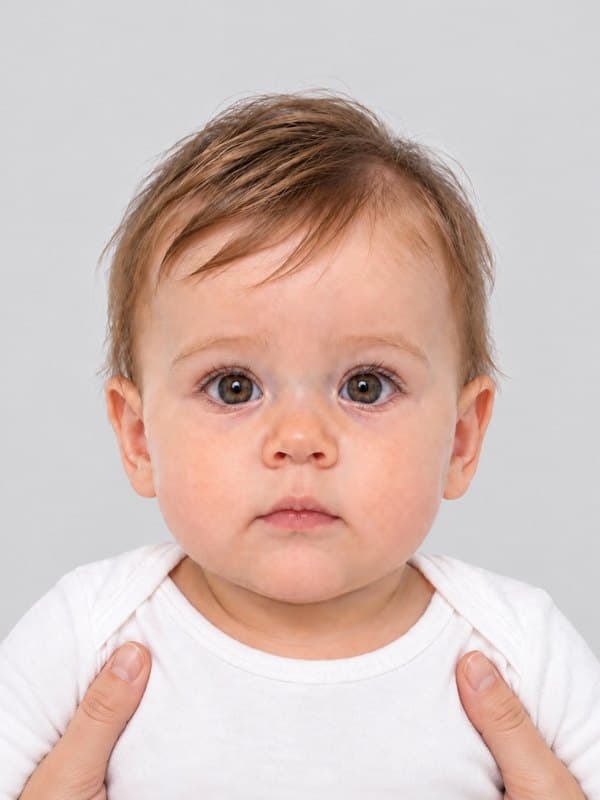 Hænderne på den, der holder babyen, er synlige